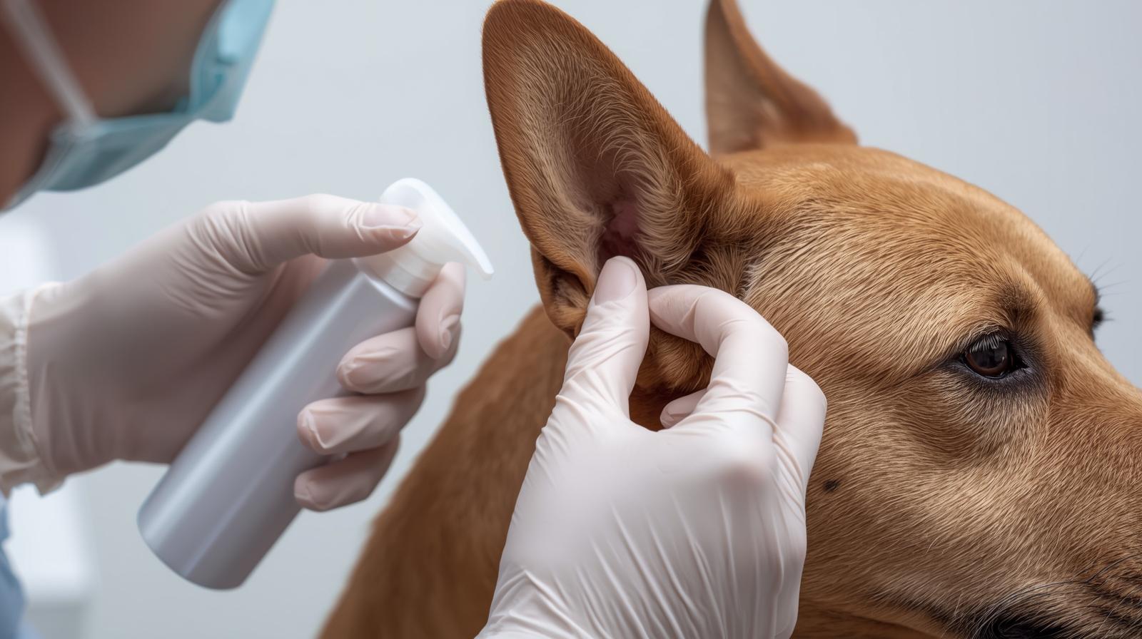 a person cleaning a dog's ears with dog cleaning products, the person is using clinical gloves
