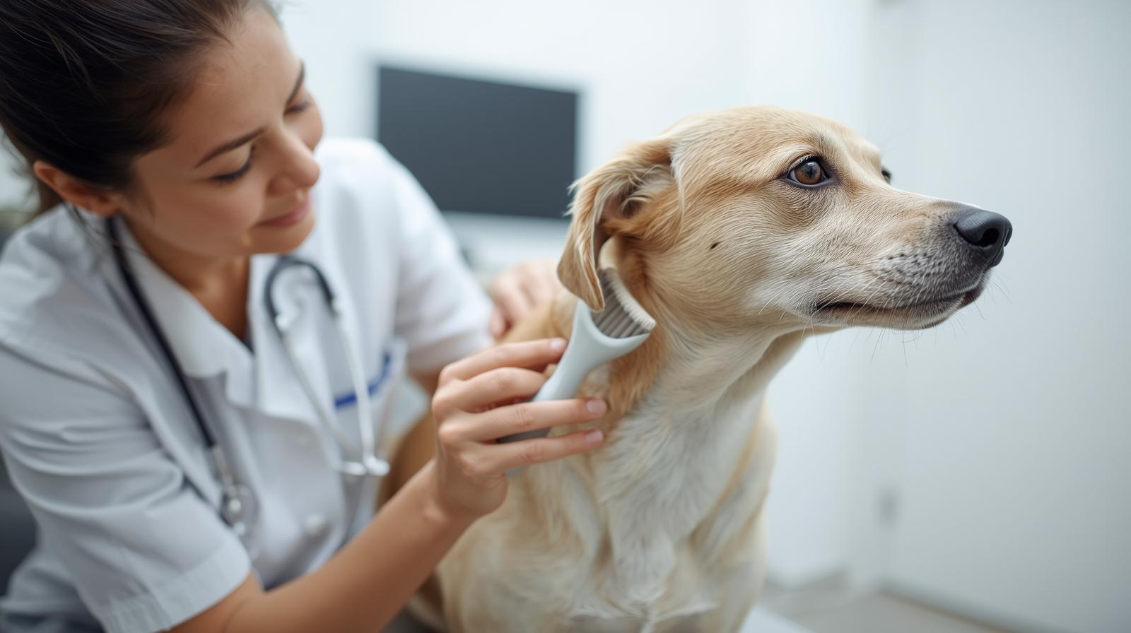 a veterinary brushing out a dog