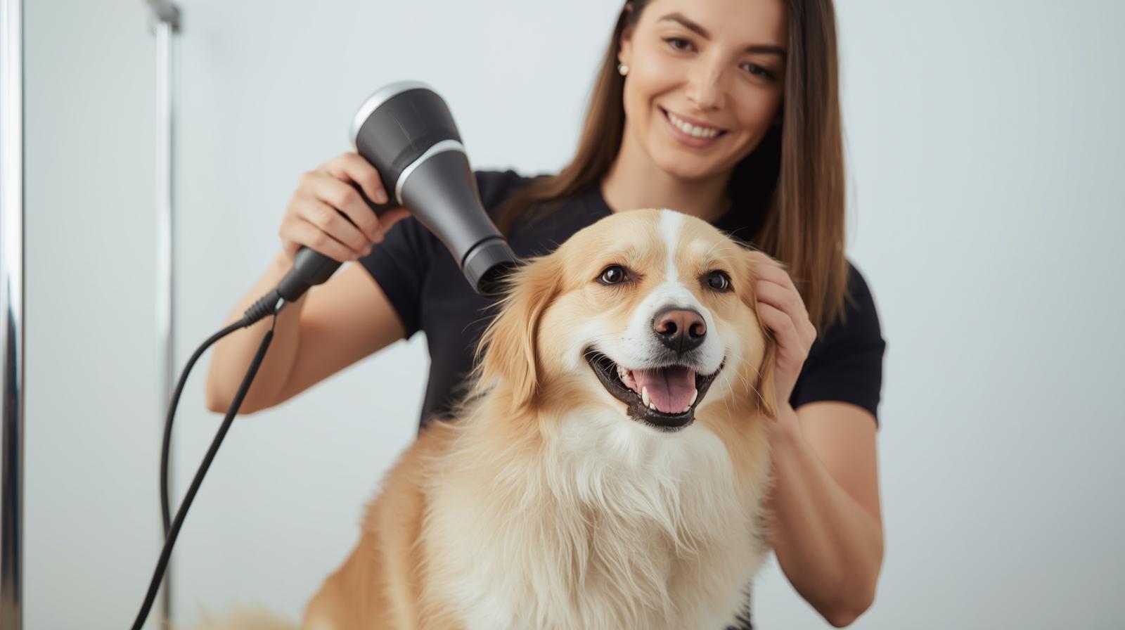 a woman blow drying a dog