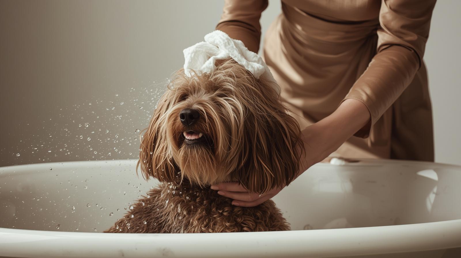 a woman giving a water bath to her dog using shampoo